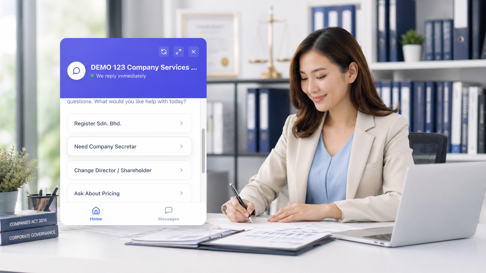 Professional company secretary using PingRepli AI customer service agent to handle incorporation enquiries
