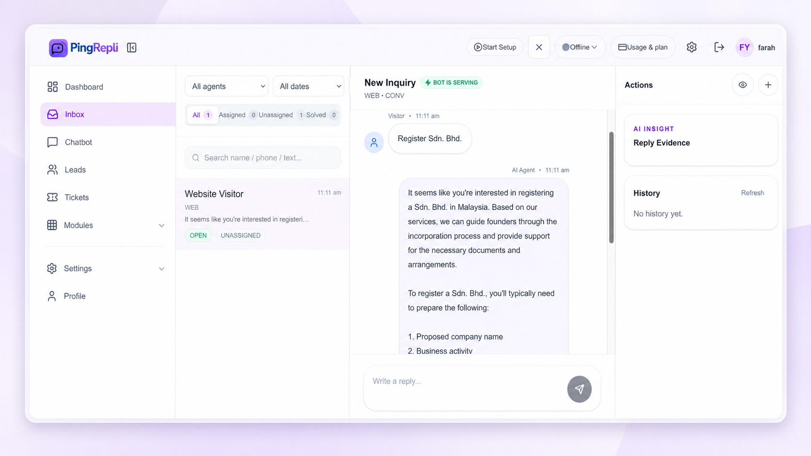 PingRepli shared inbox screenshot for company secretarial teams handling client enquiries and handoff